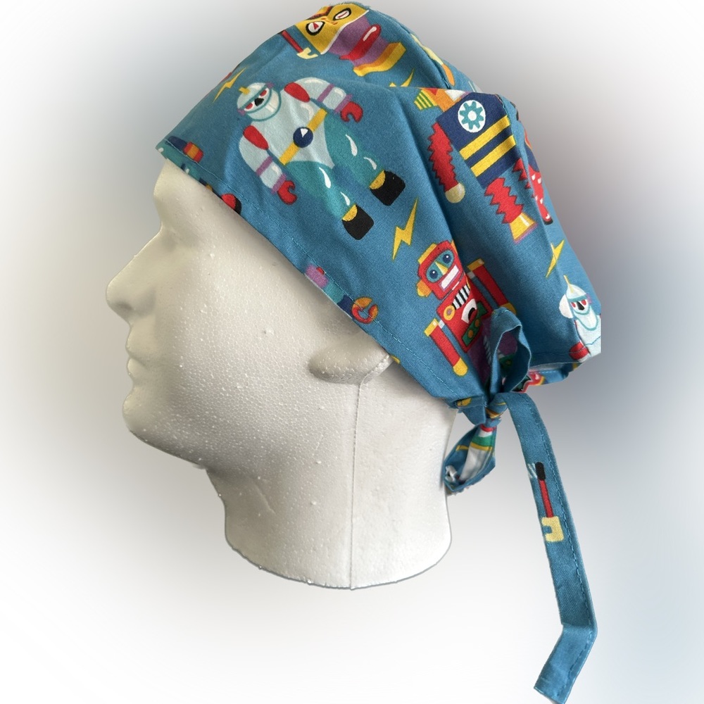 Tie back surgical/scrub hat robot theme